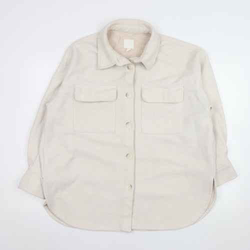 H&M Women Beige Fleece Shacket Jacket L Long Sleeve Collared Top