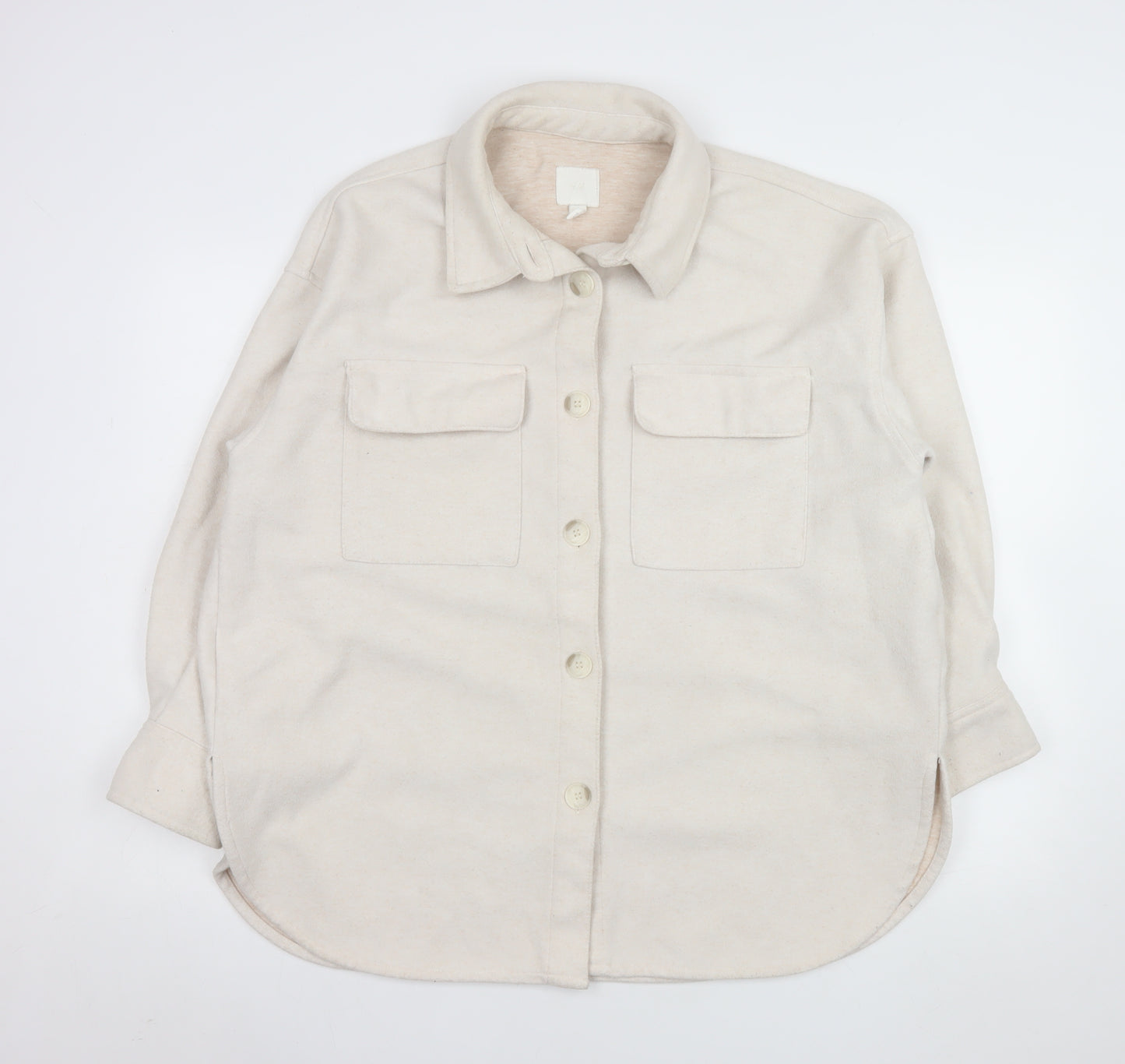 H&M Women Beige Fleece Shacket Jacket L Long Sleeve Collared Top