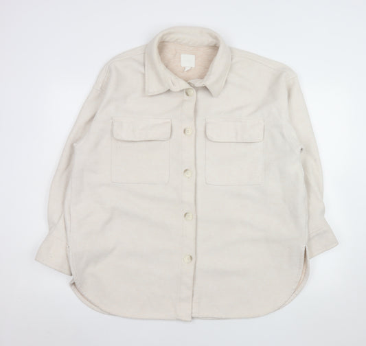 H&M Women Beige Fleece Shacket Jacket L Long Sleeve Collared Top