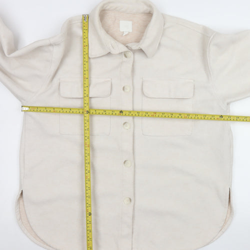 H&M Women Beige Fleece Shacket Jacket L Long Sleeve Collared Top