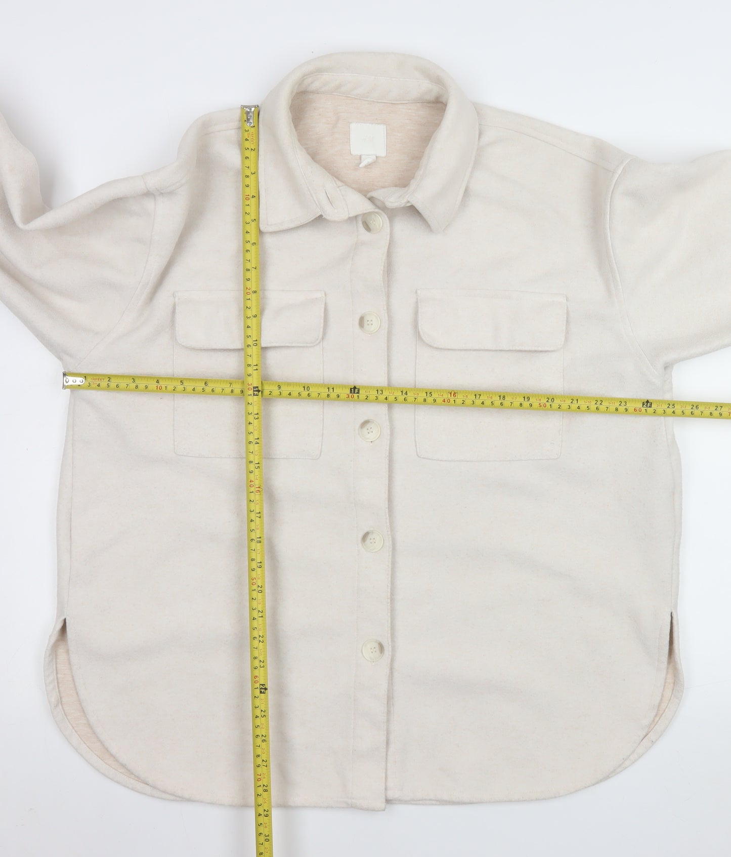 H&M Women Beige Fleece Shacket Jacket L Long Sleeve Collared Top