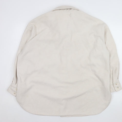 H&M Women Beige Fleece Shacket Jacket L Long Sleeve Collared Top