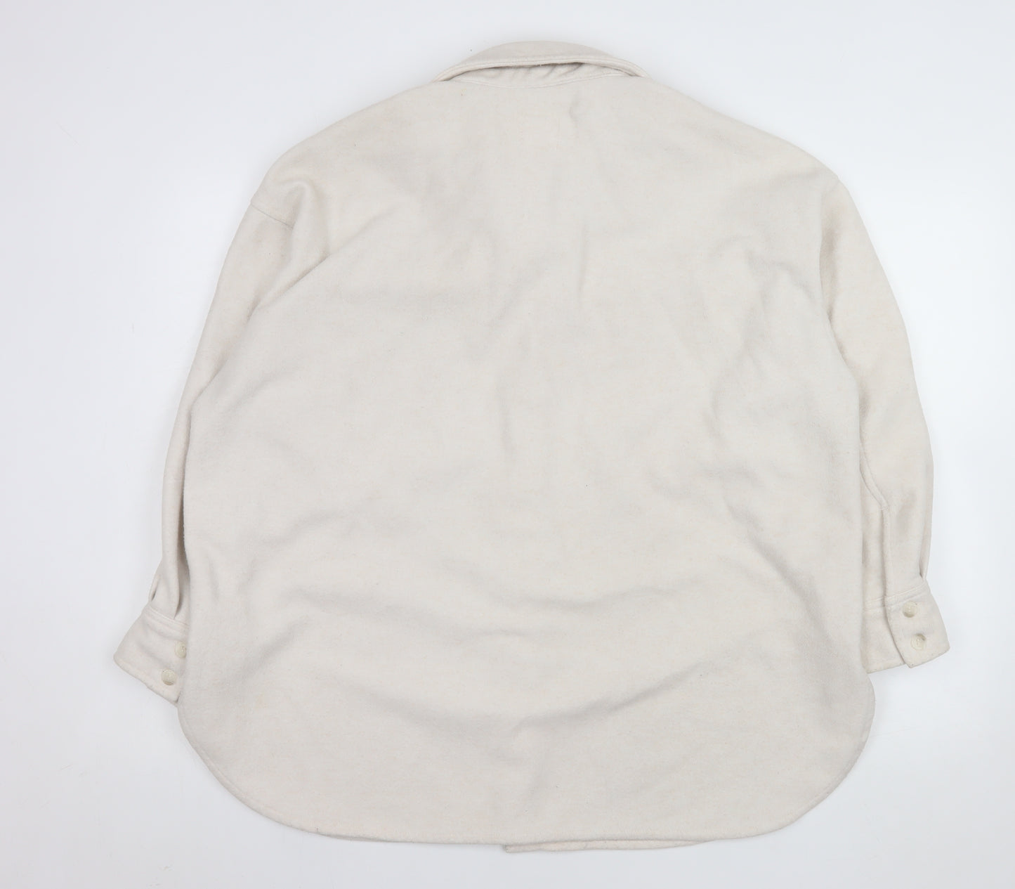 H&M Women Beige Fleece Shacket Jacket L Long Sleeve Collared Top