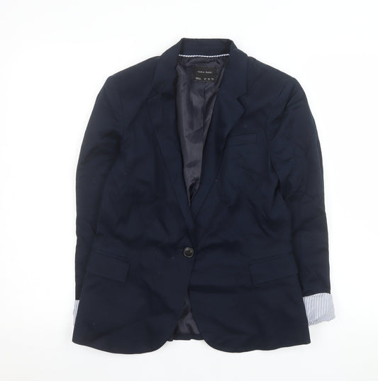 Zara Basic Women's Navy Blue Cotton Blazer Jacket M Classic Fit