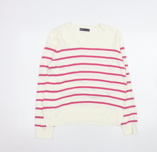 Marks and Spencer Womens Ivory Pink Striped Crew Neck Jumper Size 14