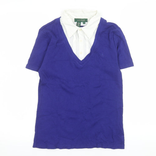 Lauren Ralph Lauren Women Blue Cotton V-Neck Collared Short Sleeve Top M