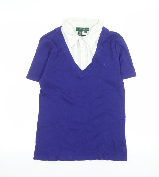 Lauren Ralph Lauren Women Blue Cotton V-Neck Collared Short Sleeve Top M