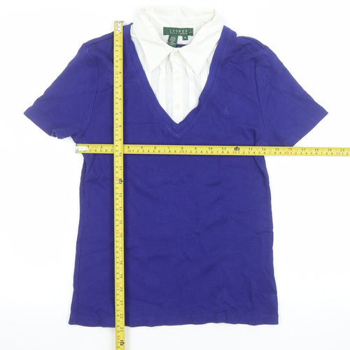 Lauren Ralph Lauren Women Blue Cotton V-Neck Collared Short Sleeve Top M