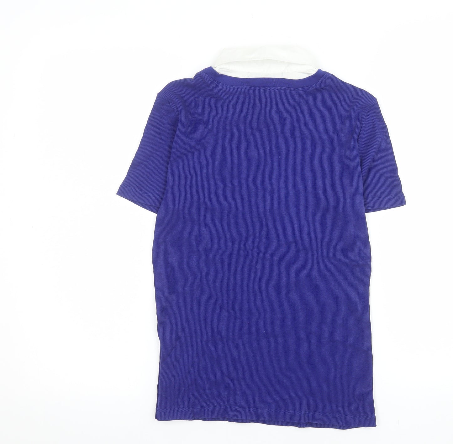 Lauren Ralph Lauren Women Blue Cotton V-Neck Collared Short Sleeve Top M