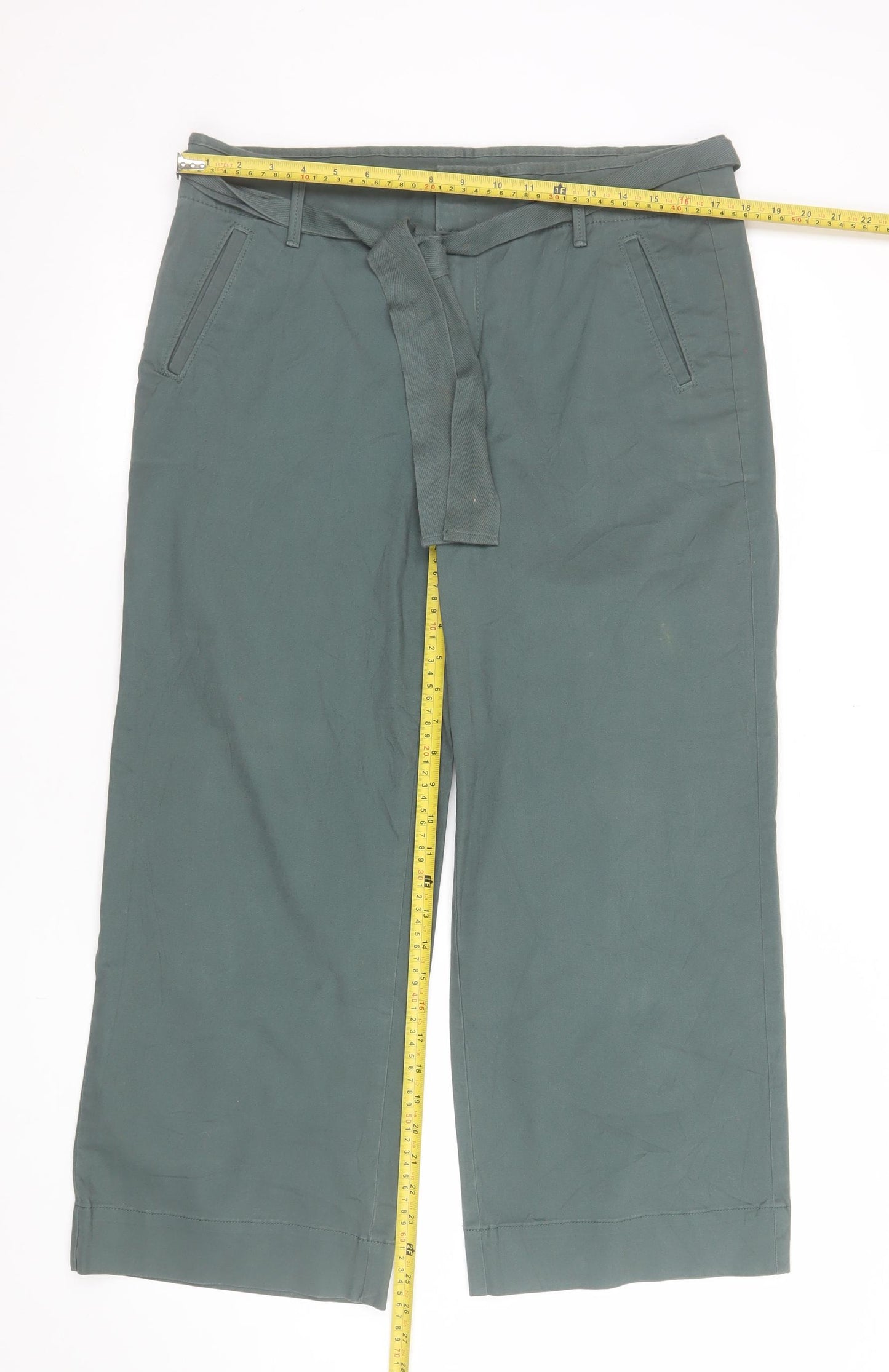 LOFT Women's Green Cropped Belted Wide-Leg Trousers Size 10