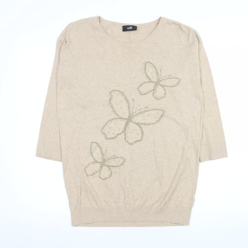 Wallis Womens Beige Butterfly Beaded Cotton Jumper Size S