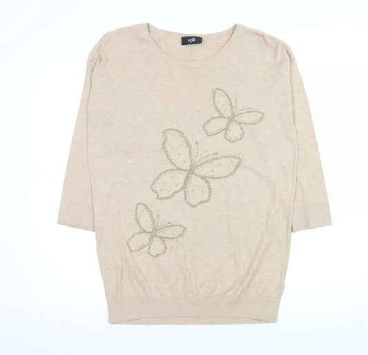 Wallis Womens Beige Butterfly Beaded Cotton Jumper Size S