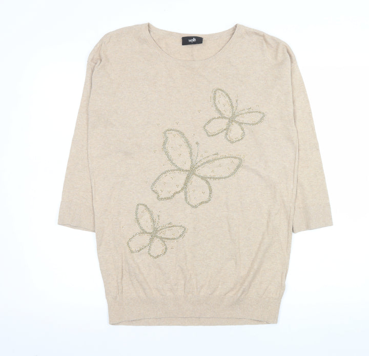 Wallis Womens Beige Butterfly Beaded Cotton Jumper Size S