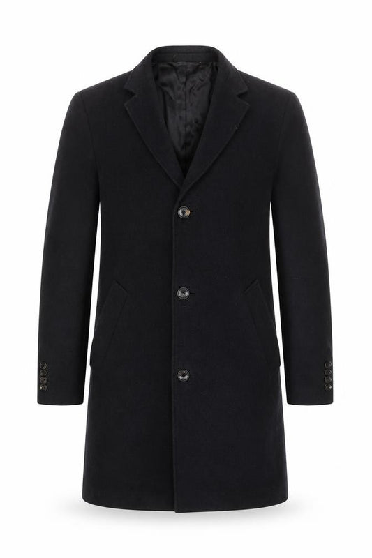 Front view of Austin Reed Men's Black Wool Blend Overcoat 38R Classic Winter Style