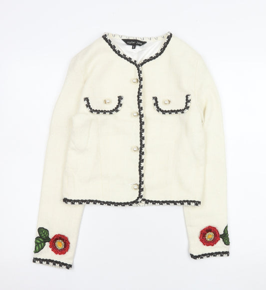 Sister Jane Women Ivory Bouclé Cropped Blazer S Floral Trim