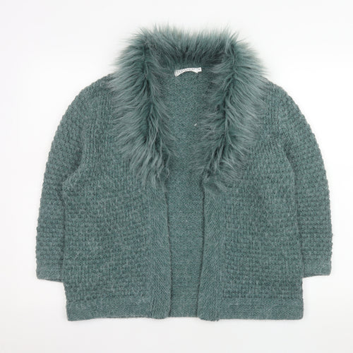 Topshop Women Green Faux Fur Trim Knit Coatigan Size 16