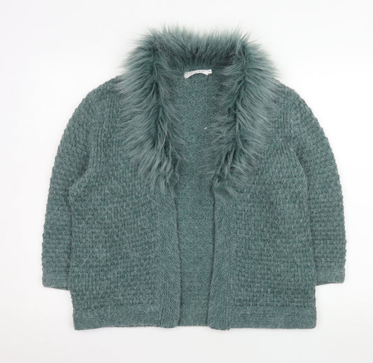 Topshop Women Green Faux Fur Trim Knit Coatigan Size 16