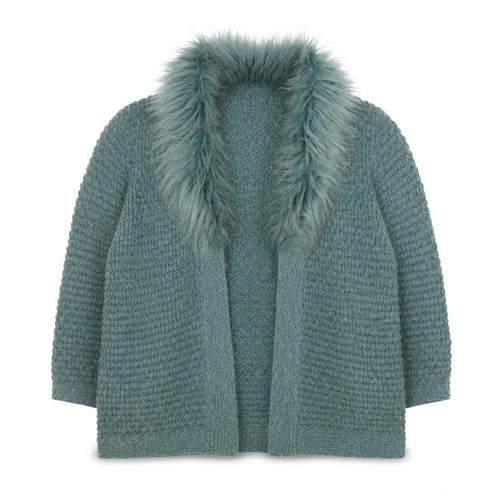 Topshop Women Green Faux Fur Trim Knit Coatigan Size 16