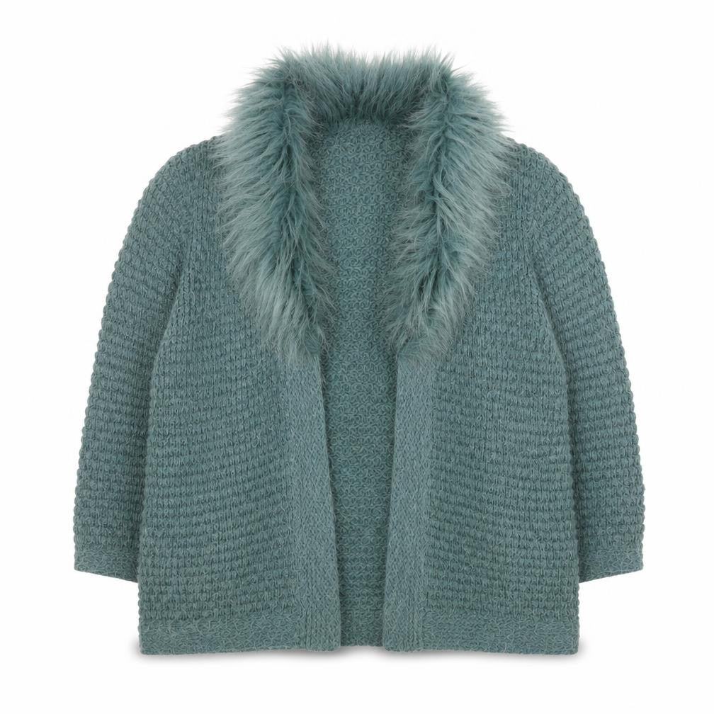 Topshop Women Green Faux Fur Trim Knit Coatigan Size 16