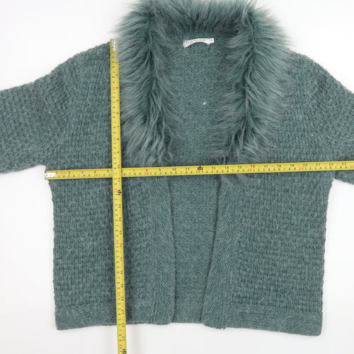 Topshop Women Green Faux Fur Trim Knit Coatigan Size 16