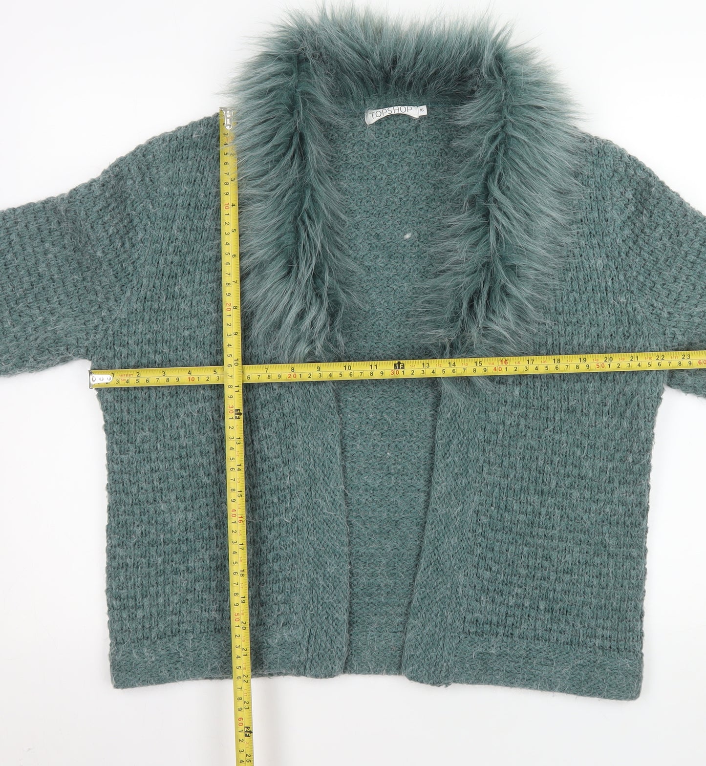 Topshop Women Green Faux Fur Trim Knit Coatigan Size 16