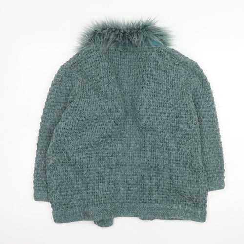 Topshop Women Green Faux Fur Trim Knit Coatigan Size 16