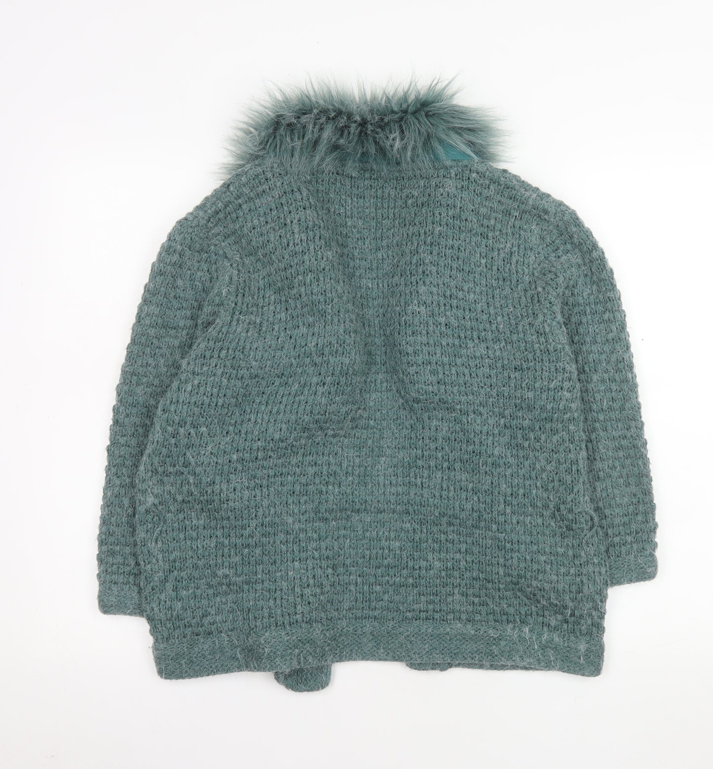 Topshop Women Green Faux Fur Trim Knit Coatigan Size 16