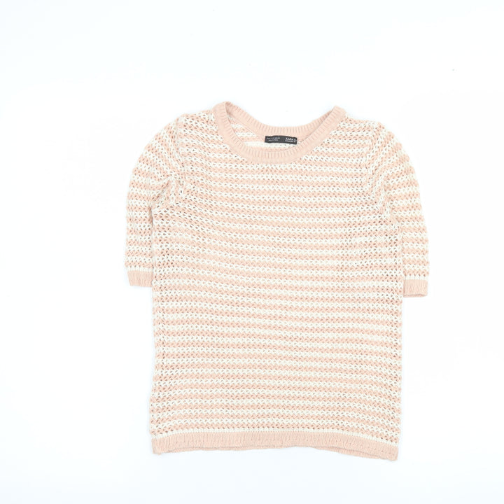 Zara Women Beige Knit Striped Short Sleeve T-Shirt Size S