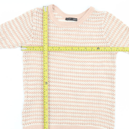 Zara Women Beige Knit Striped Short Sleeve T-Shirt Size S