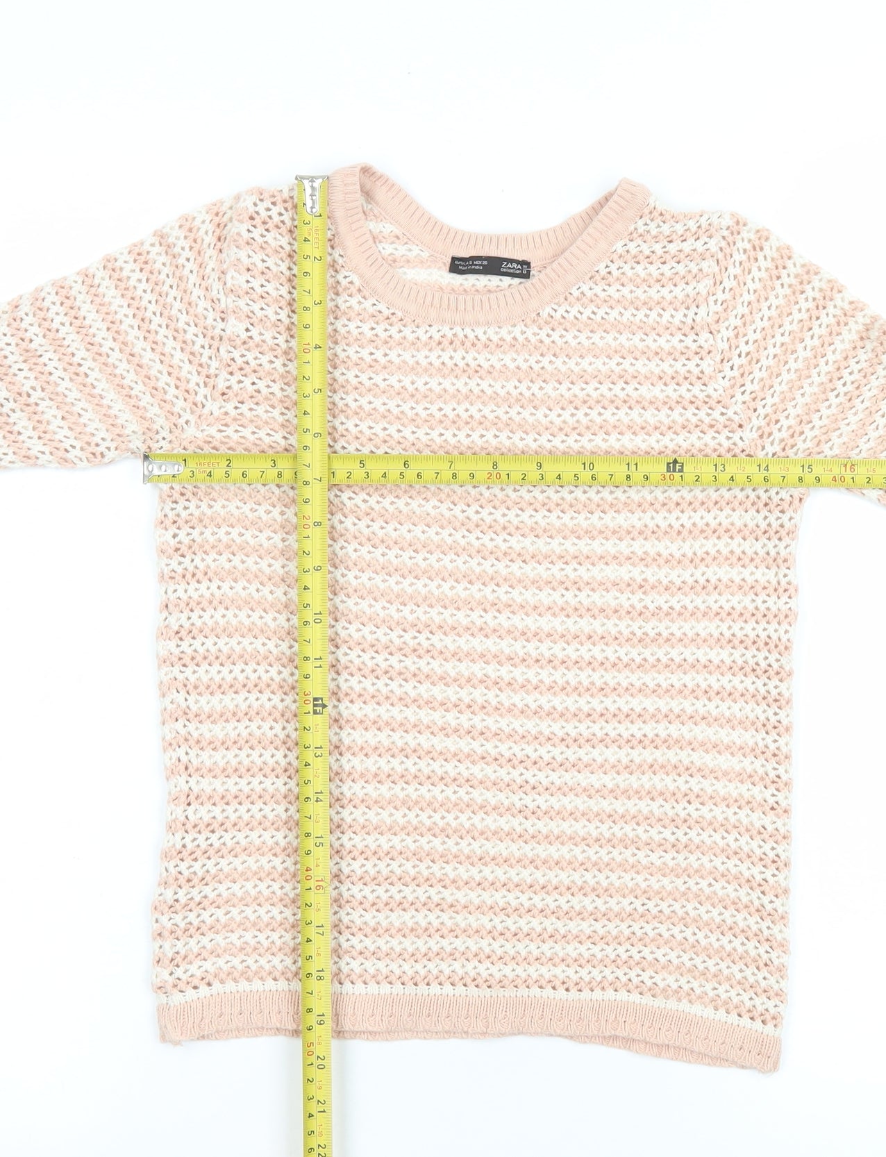 Zara Women Beige Knit Striped Short Sleeve T-Shirt Size S
