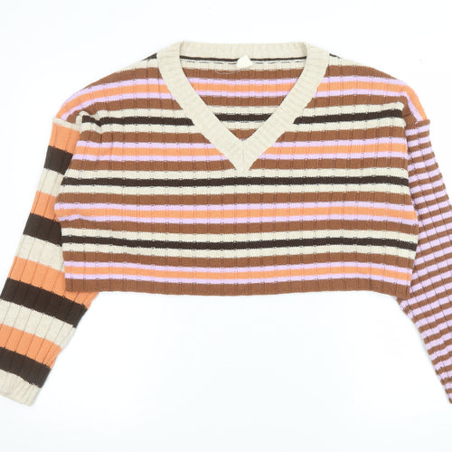 Urban Outfitters Women Brown Stripe V-Neck Cropped Jumper Size M