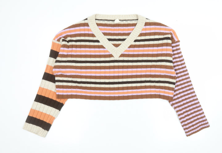 Urban Outfitters Women Brown Stripe V-Neck Cropped Jumper Size M