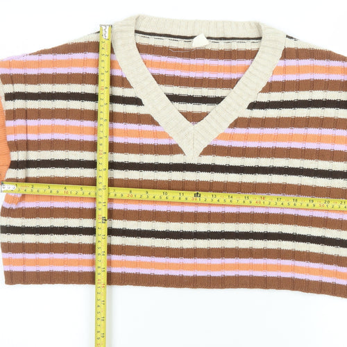 Urban Outfitters Women Brown Stripe V-Neck Cropped Jumper Size M