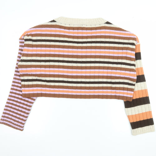 Urban Outfitters Women Brown Stripe V-Neck Cropped Jumper Size M