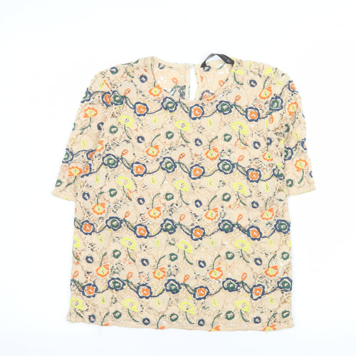 Zara Women Beige Embroidered Floral Lace Blouse Size 8