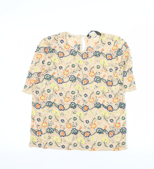 Zara Women Beige Embroidered Floral Lace Blouse Size 8