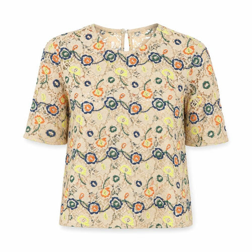 Zara Women Beige Embroidered Floral Lace Blouse Size 8