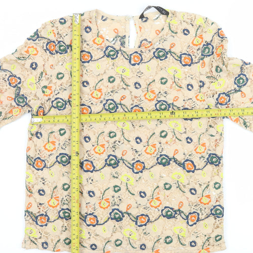 Zara Women Beige Embroidered Floral Lace Blouse Size 8