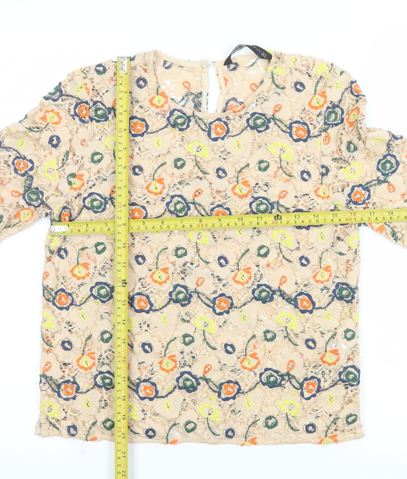 Zara Women Beige Embroidered Floral Lace Blouse Size 8