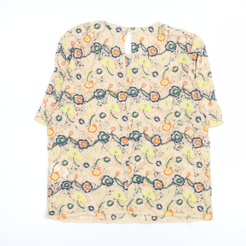 Zara Women Beige Embroidered Floral Lace Blouse Size 8