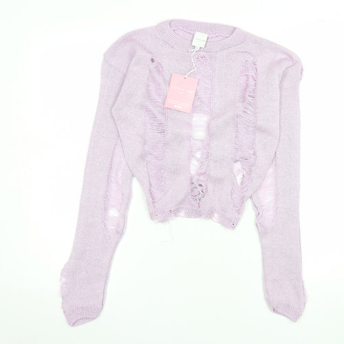 Skinnydip Women’s Purple XL Distressed Knit Open Crew Neck Jumper