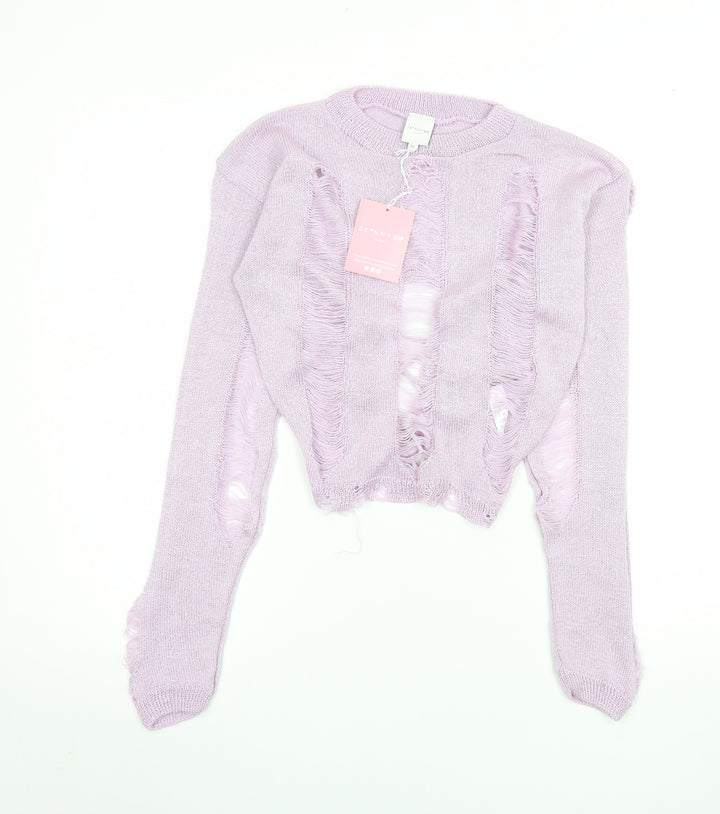Skinnydip Women’s Purple XL Distressed Knit Open Crew Neck Jumper