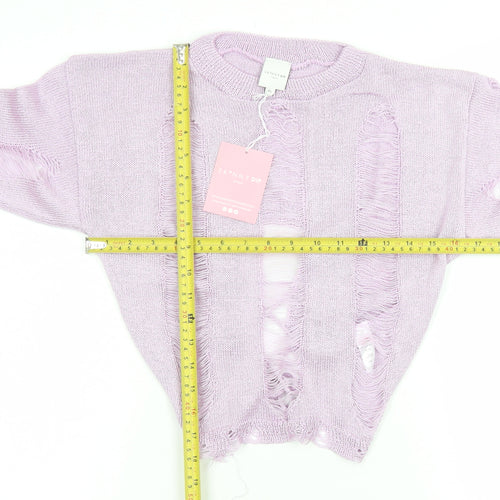 Skinnydip Women’s Purple XL Distressed Knit Open Crew Neck Jumper