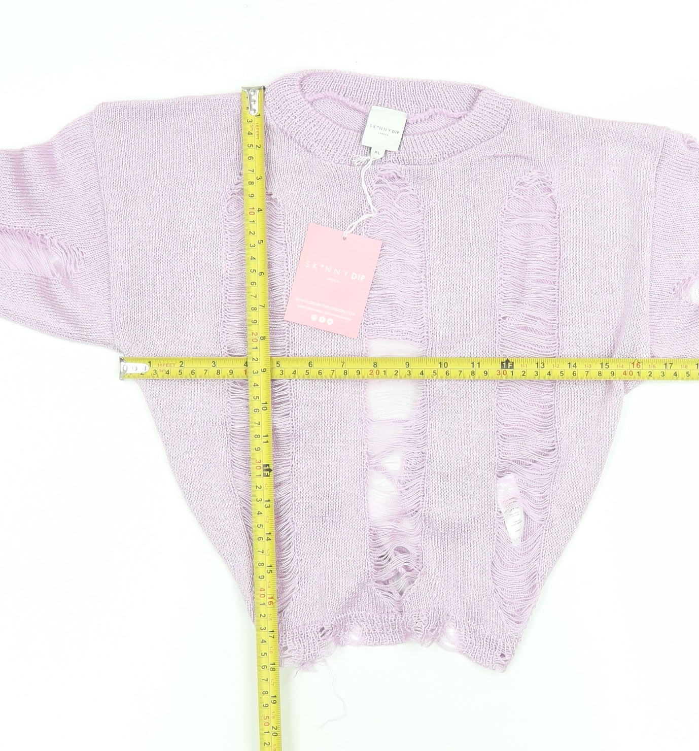 Skinnydip Women’s Purple XL Distressed Knit Open Crew Neck Jumper