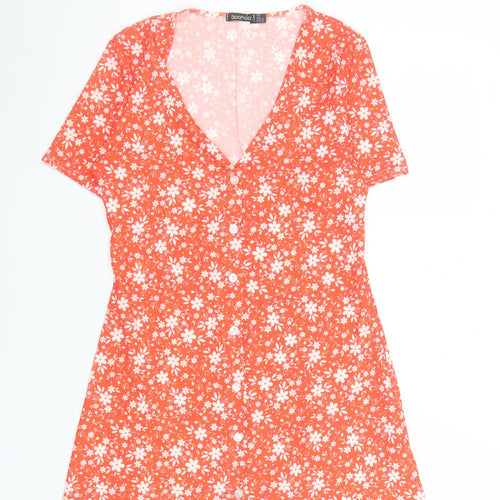 Boohoo Women's Orange Floral A-Line Short Sleeve V-Neck Short Dress Size 4