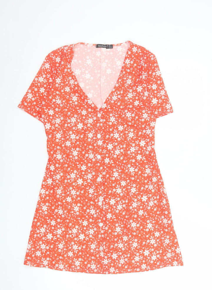 Boohoo Women's Orange Floral A-Line Short Sleeve V-Neck Short Dress Size 4