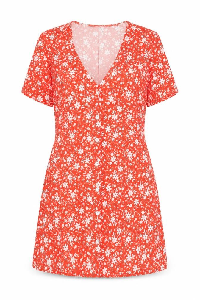 Boohoo Women's Orange Floral A-Line Short Sleeve V-Neck Short Dress Size 4