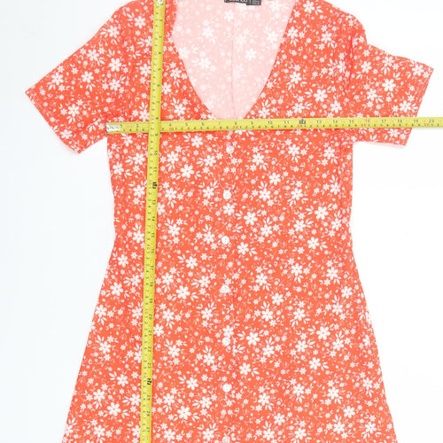 Boohoo Women's Orange Floral A-Line Short Sleeve V-Neck Short Dress Size 4