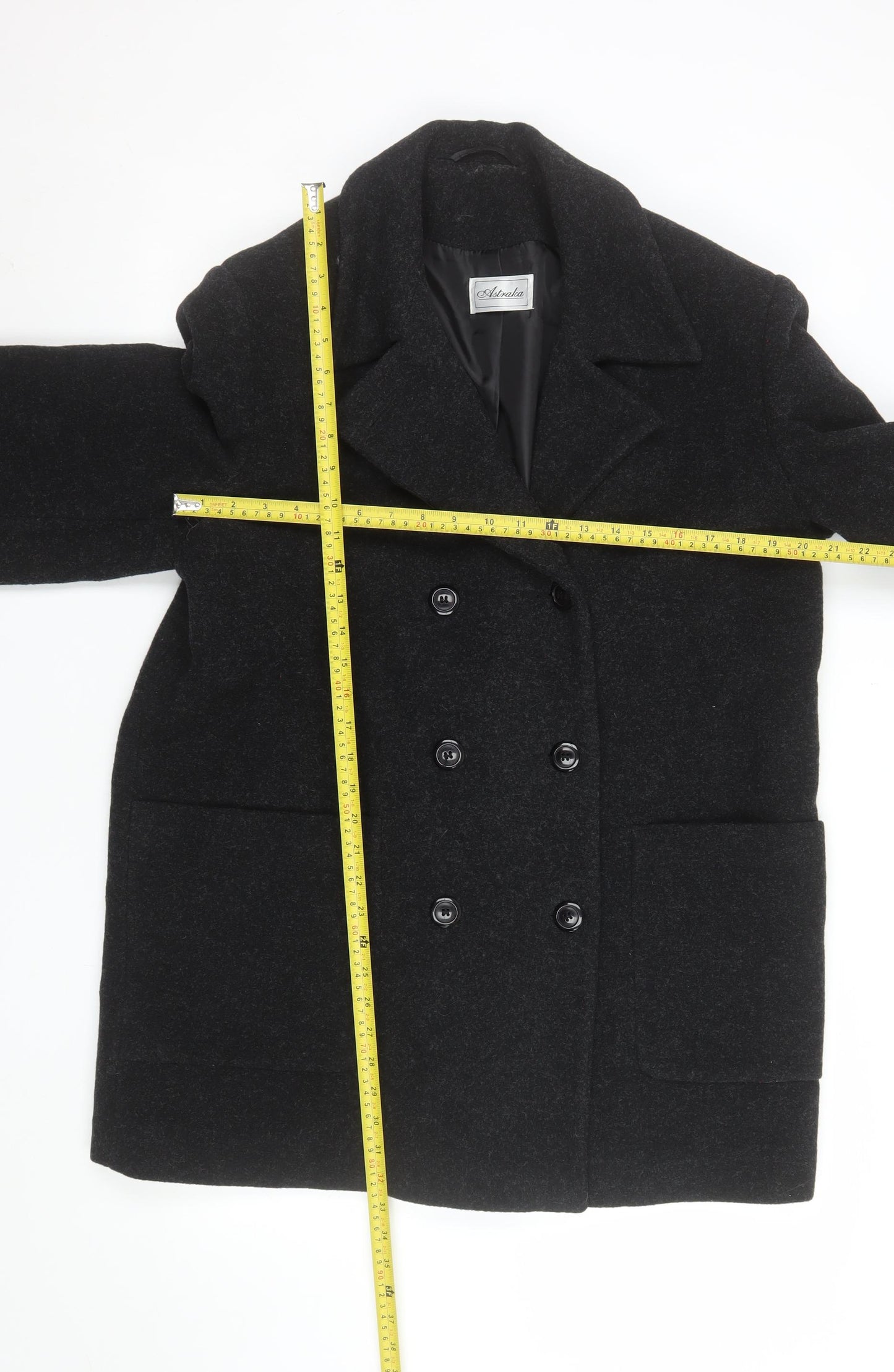 Astraka Men's Black Wool Pea Coat Size M Classic Winter Jacket