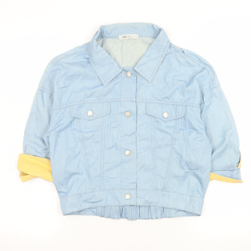 Yammira Women Blue Cropped Button-Up Shirt Size 8 Cotton Blend